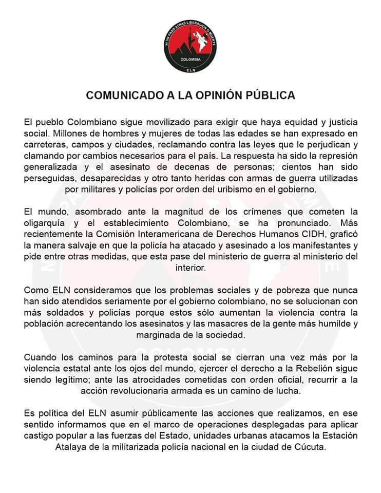 El Eln señaló ser el responsable del atentado explosivo contra el Distrito de Policía de la Ciudadela Juan Atalaya./Foto: cortesía