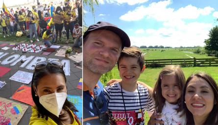 (Imagen izquierda) Caterine Cote Lamus junto a su esposo Jens Kalscheuer y sus hijos Lukas y Sofía. Caterine, su esposo y sus hijos se vistieron con la camiseta de la Selección Colombia para participar en las recientes manifestaciones que se organizaron en Alemania y otros países, en rechazo al abuso de policías en medio de las protestas que se presentan en el país desde el 28 de abril. / Fotos: Cortesía