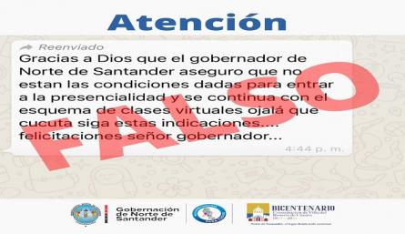 Gobernación desmiente cadena de WhatsApp que advertía suspensión de regreso a clases presenciales./Foto: cortesía