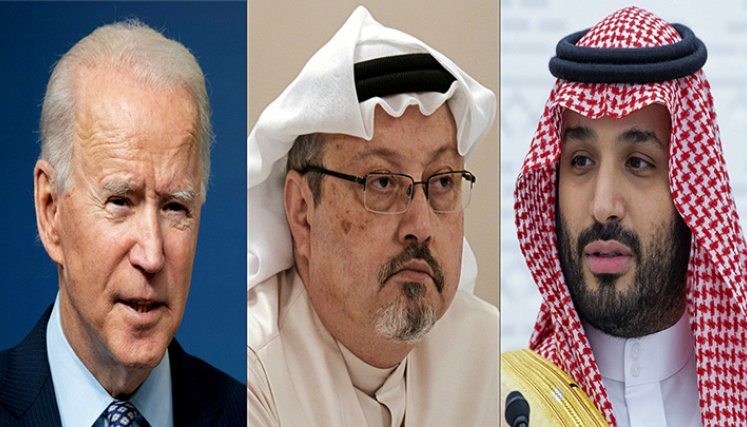 El presidente de Estados Unidos, Joe Biden; el periodista asesinado Jamal Khashoggi, y el príncipe heredero de Arabia Saudita, Mohamed bin Salmán.