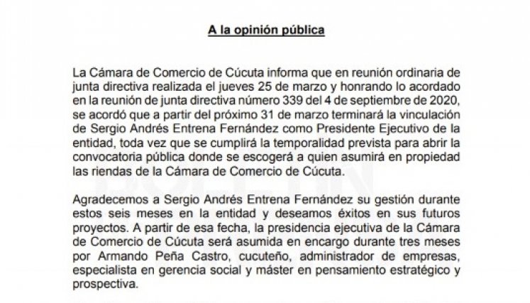 Boletín de prensa de la Cámara de Comercio de Cúcuta.