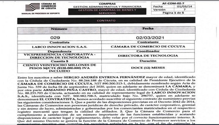 Facsímil del contrato que firmó Armando Peña el 2 de marzo con la Cámara de Comercio./ Cortesía 