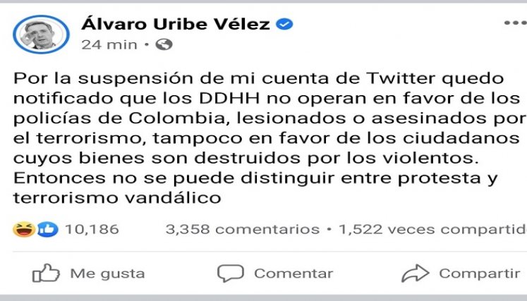 Uribe rechazó la decisión de esta red social a través de otra cuenta./Foto: tomada de internet
