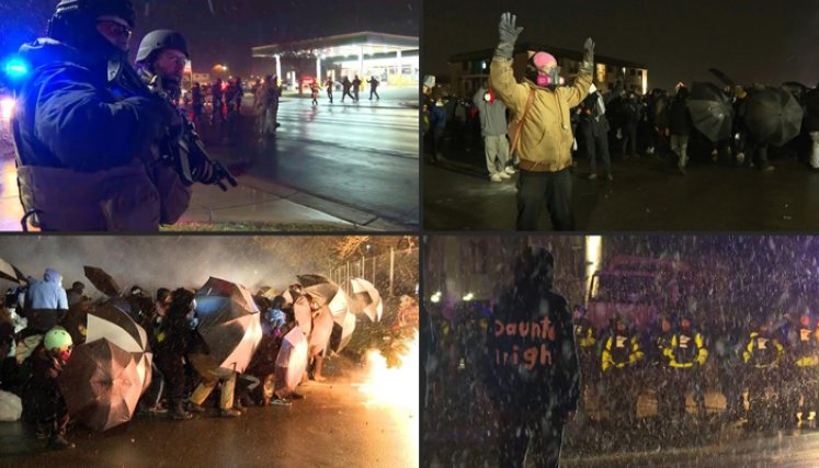 La policía antidisturbios actuó para dispersar a un grupo de entre 800 y 1.000 manifestantes en Brooklyn Center, el suburbio donde Daunte Wright fue abatido el domingo en un control de tránsito. / Foto: AFP