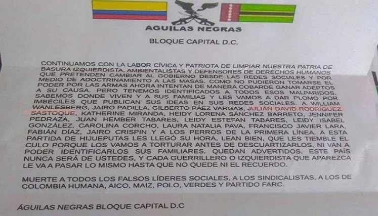 Un panfleto con amenazas contra varios dirigentes de oposición y promotores del paro nacional circuló en las últimas horas en redes sociales./Foto: colprensa