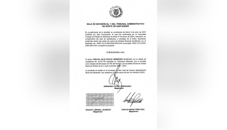 Credencial de Carlos Julio Socha como alcalde.