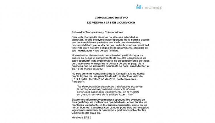 Medimás anuncia pago a sus empleados el 18 de marzo. 