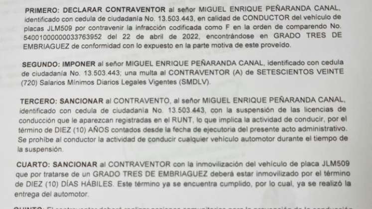 Miguel Peñaranda fue sancionado por conducir en estado de embriaguez