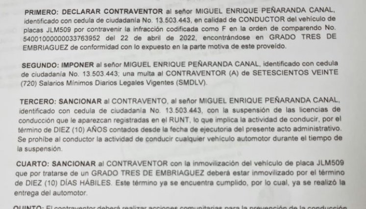 Miguel Peñaranda fue sancionado por conducir en estado de embriaguez