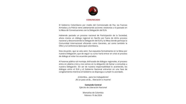 Eln pausa los diálogos de paz