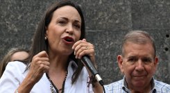 La líder opositora María Corina Machado junto con el candidato de la coalición Plataforma Unitaria Democrática, Edmundo González./ Foto AFP